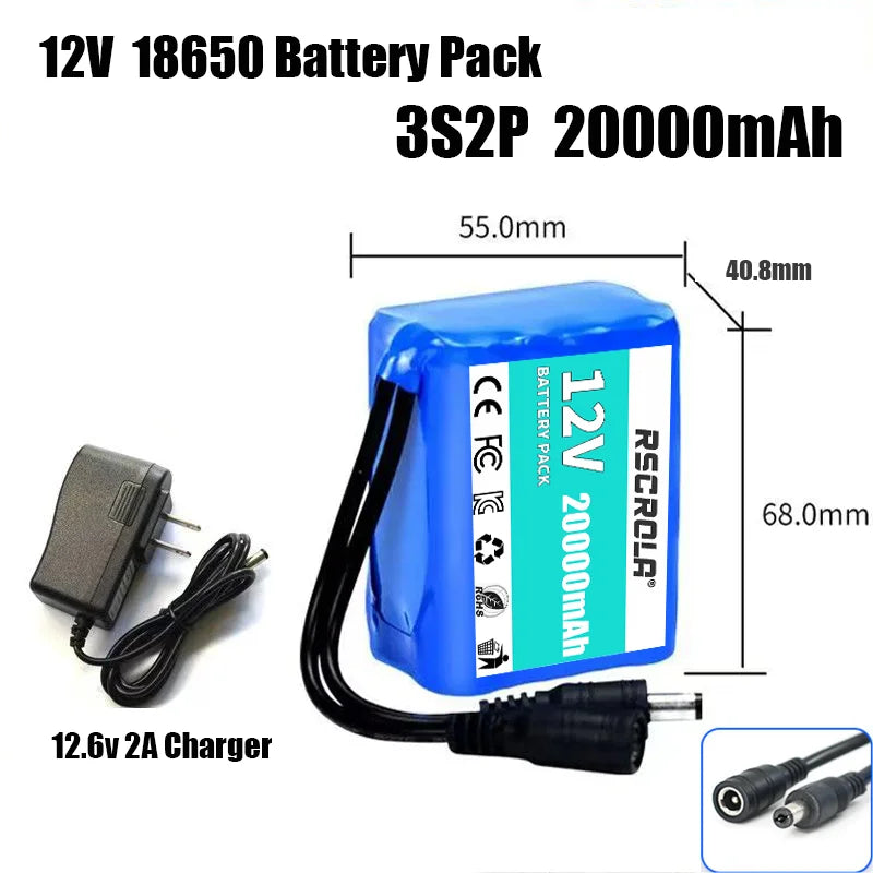 Rechargeable 12V 18650 Lithium Battery Pack with BMS, for Solar, LED Light, RC Model, Power Supply, Long Cycle Life with Charger