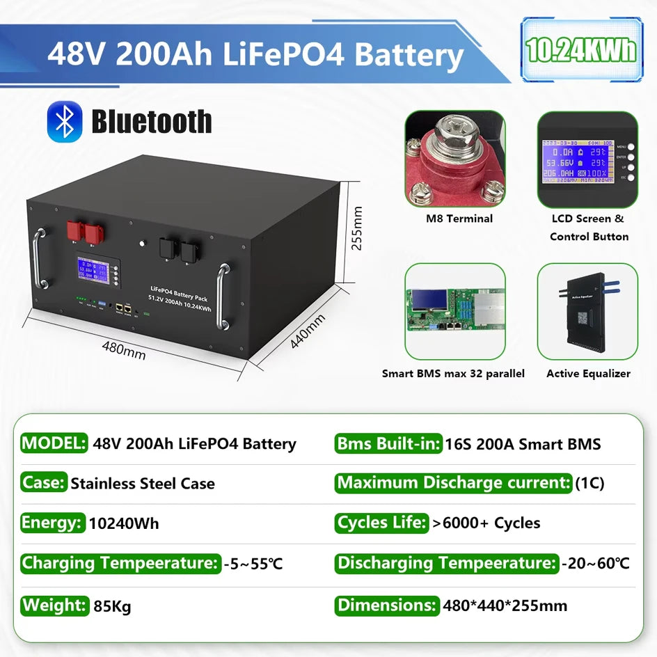 LiFePO4 48V 400Ah 20Kwh Battery 6500 Cycles 51.2V 100Ah 120Ah 150Ah 200Ah 300Ah 600Ah Lithium Solar Energy Storage AKKU EU STOCK