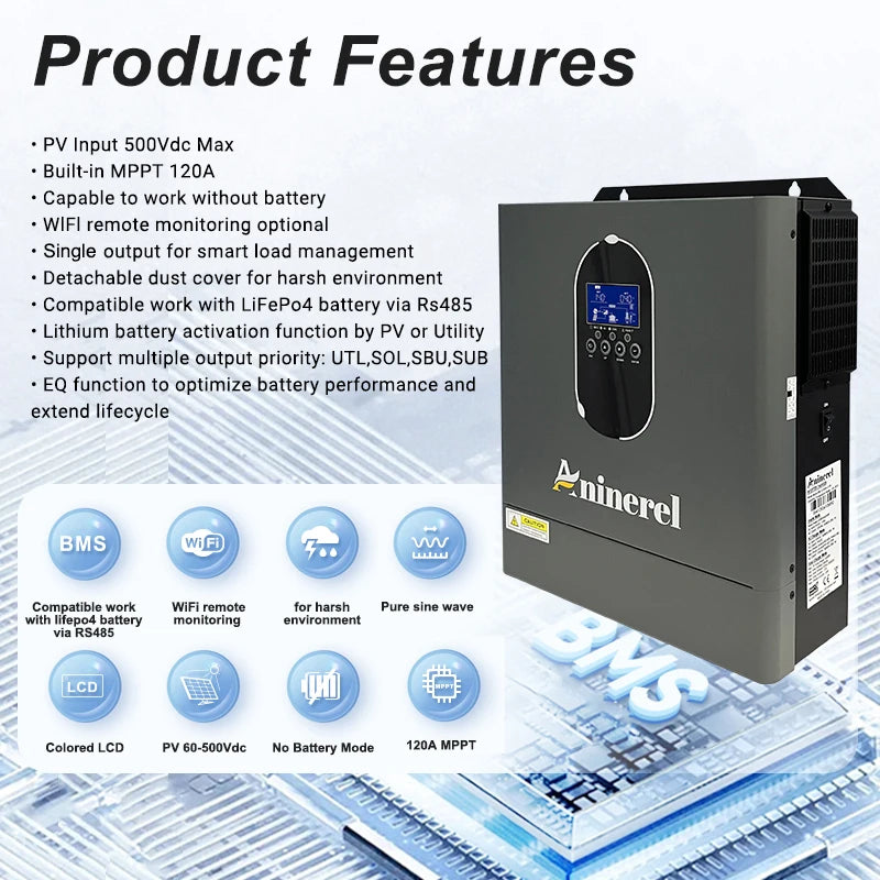 Aninerel 4200W 24V 120A Solar Inverter 120Vac Off-Grid Hybrid Home MPPT Inverter Pure Sine Wave With WIFI