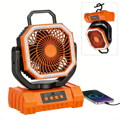 Rechargeable Camping Fan with 20000mAh Battery 4 Speeds LED Light And Hook - Outdoor Fan for Party Power Outage And Fishing