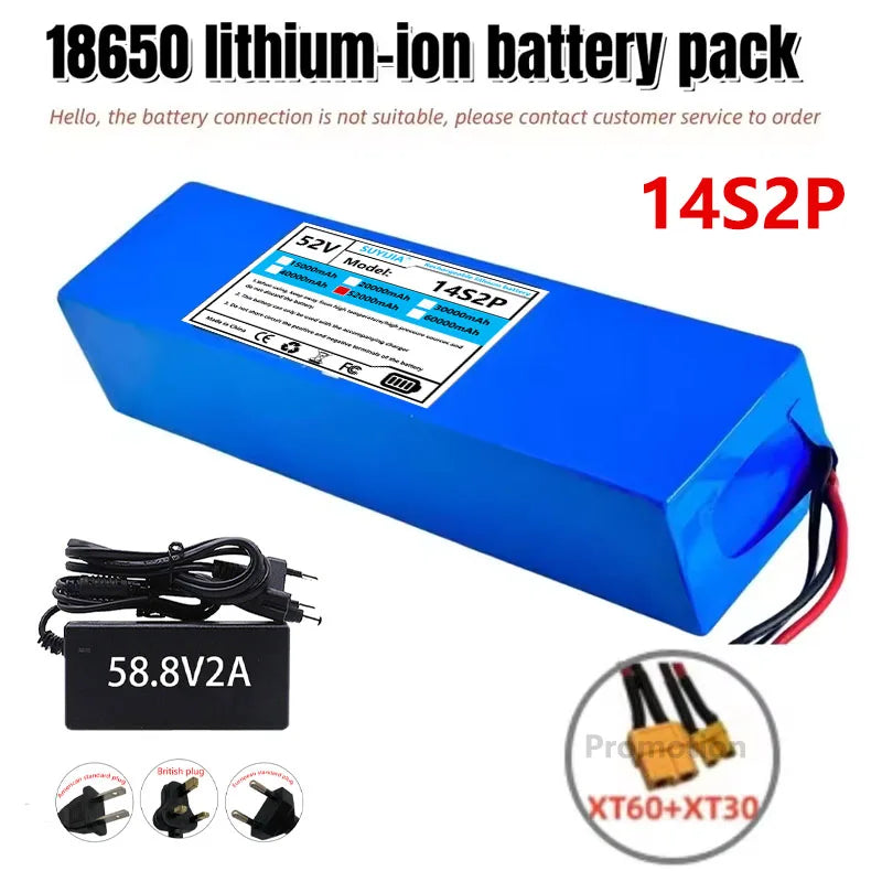 Batterie Li-ion 52V 5200mAH Avec BMS, 14S2P, Batterie 1500W Intégrée Pour Vélos, Scooters, Motos + Chargeur 58,8V2A