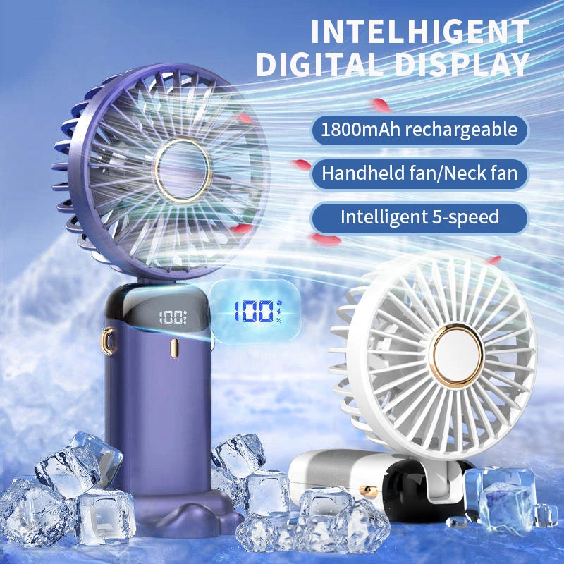 Rechargeable Personal Fan with Digital Display, Foldable Neck or Desk Design, 5-Speed Airflow and Phone Stand for Summer
