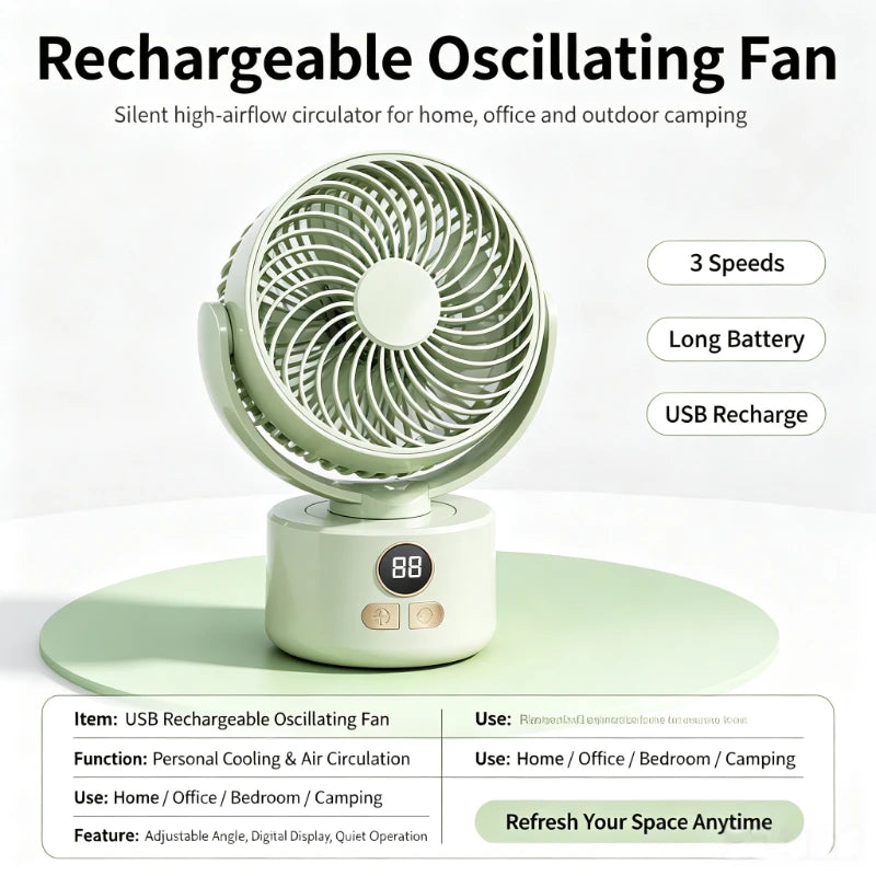 USB Rechargeable Quiet Oscillating Fan Long Battery Life High Airflow Camping Circulator for Home Office Use