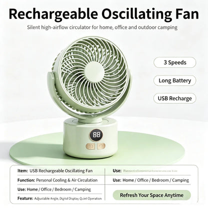 USB Rechargeable Quiet Oscillating Fan Long Battery Life High Airflow Camping Circulator for Home Office Use