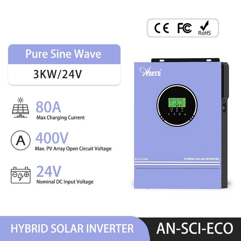 Anern 3000W 1600W 1500W 1000W Hybrid Inverter 24V 12V Buil in 80A MPPT Off Grid Solar Inverters MAX PV 400Vdc 150Vdc
