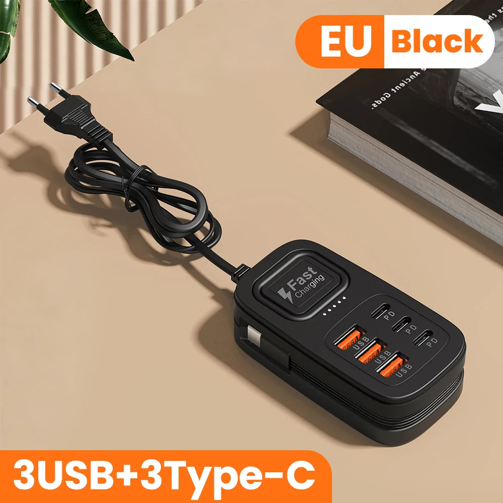 6 Ports USB Fast Charger Power Strip Desktop Charging Station Fast Charging EU/UK/US Plug USB HUB Adapter Socket 3Type C 3USB