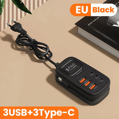 6 Ports USB Fast Charger Power Strip Desktop Charging Station Fast Charging EU/UK/US Plug USB HUB Adapter Socket 3Type C 3USB
