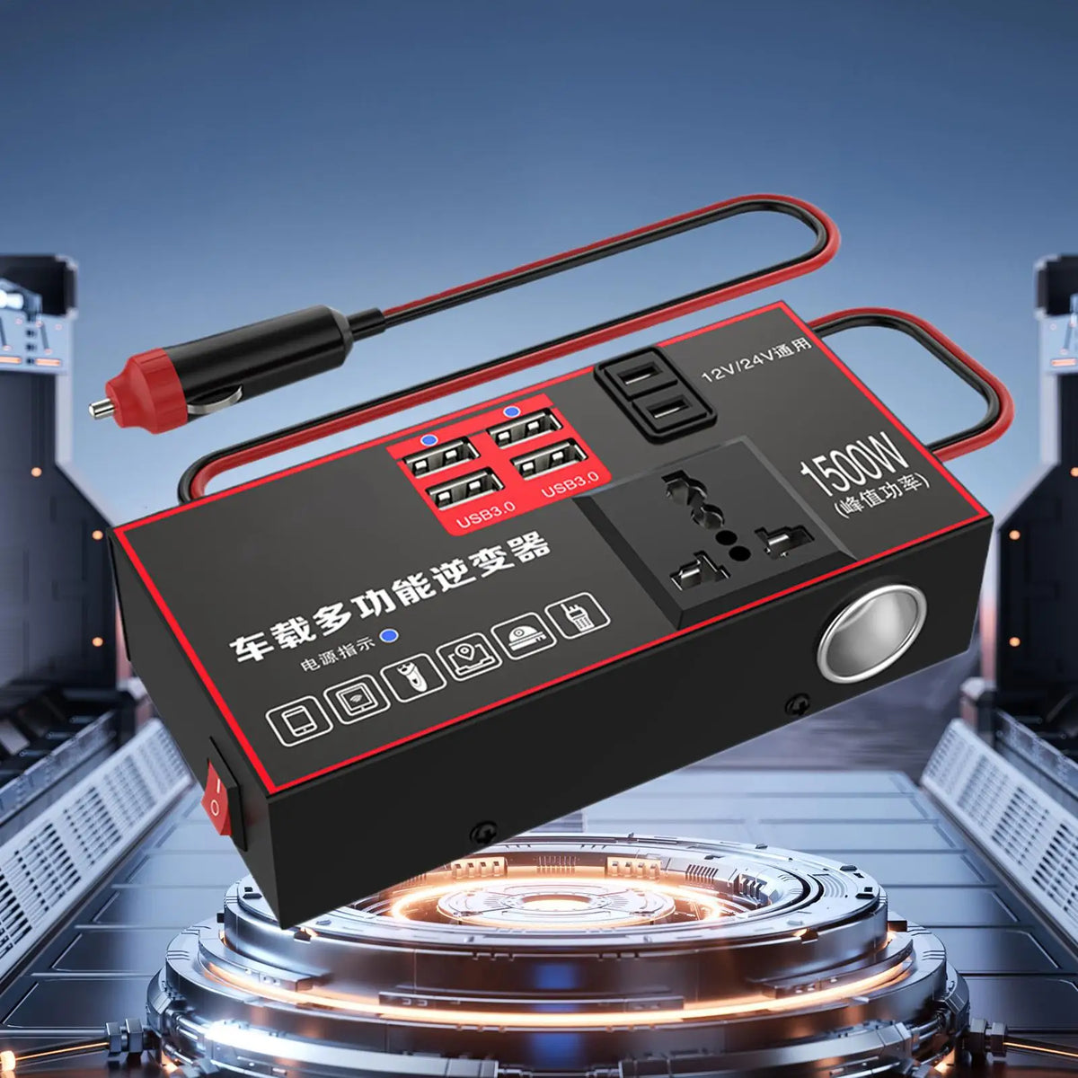 Car Inverter 220V Outlet 1500W Multiple Ports Automobile Adapter USB Charging for Workstation Marine Truck Road Trip Boat Travel
