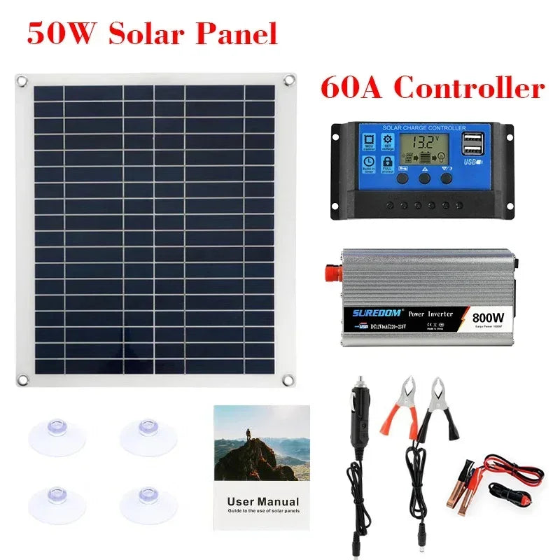 12V/24V Solar Panel System 18V 50W Solar Panel Battery Charge Controller 800W/1000W Solar Inverter Kit Complete Power Generation