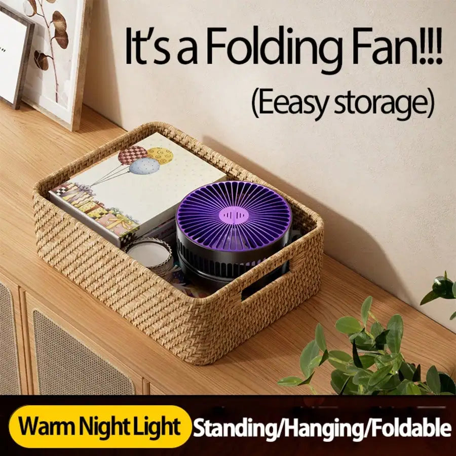 Rechargeable 3-in-1 Foldable Fan, 4-Speed, Warm Nightlight, Wall/Desk Mount, 90° Fold for Home/Office
