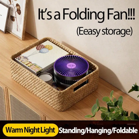 Rechargeable 3-in-1 Foldable Fan, 4-Speed, Warm Nightlight, Wall/Desk Mount, 90° Fold for Home/Office