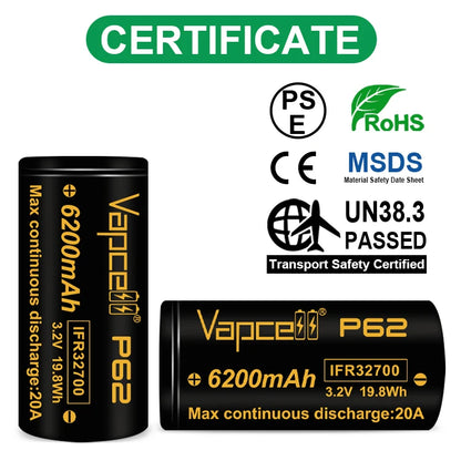 Vapcell 6200mAh P62 IFR32700 Lifepo4 High Power Rechargeable Battery 20A 3C 3.2V Max 40A 32700 Lithium Batteries