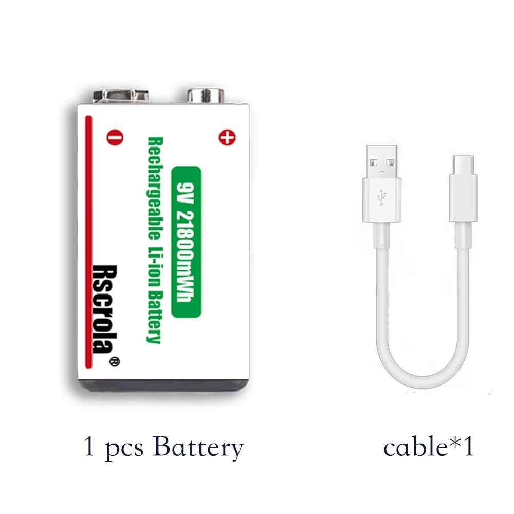 Long-Lasting 9V Lithium ion Rechargeable Battery 21800mWh High Capacity for Guitar Microphone Smoke Detector Pedal with Cable