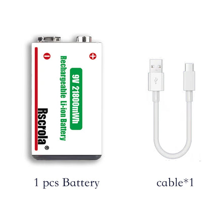 Long-Lasting 9V Lithium ion Rechargeable Battery 21800mWh High Capacity for Guitar Microphone Smoke Detector Pedal with Cable