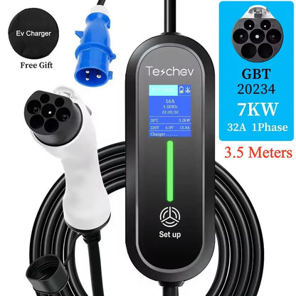 Teschev Type 1 Portable EV Charger 7KW 32A 1Phase Wallbox GBT EVSE Fast Charging Cable CEE Plug Electrical Home Charging Station