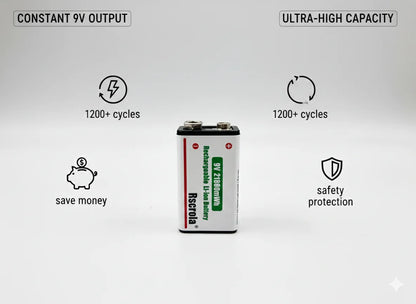 Rechargeable Li-ion High Capacity Battery, 1200+ Cycles, Constant Output for 9V Devices