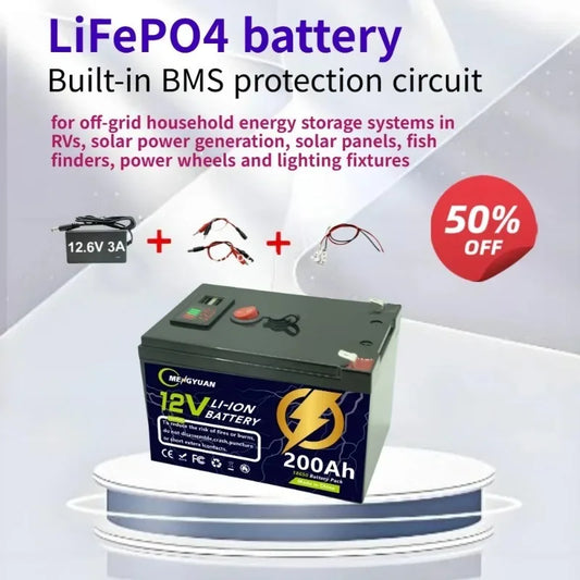 12V 200Ah Lithium LiFePO4 Deep Cycle Battery 4000+ Cycles Rechargeable Battery for Solar/Wind Power Small UPS Lighting More