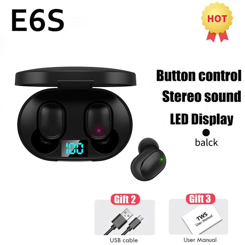 Air E6S TWS Bluetooth Earphones 5.2 Wireless Headphones with Mic Charging Box Handsfree Earbuds for Noise Reduction Headset