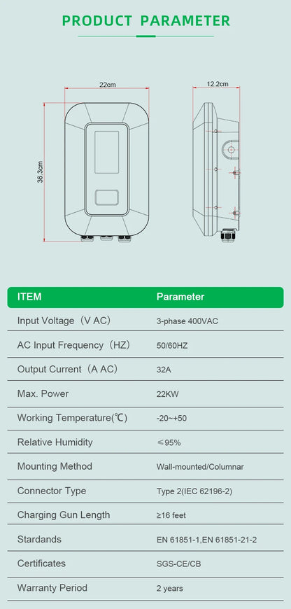 32A EV Charging Station 22KW 3Phase Electric Vehicle Charger Type2 EVSE Wallbox IEC62196-2 EV Charge Type 2 with 5M Cable