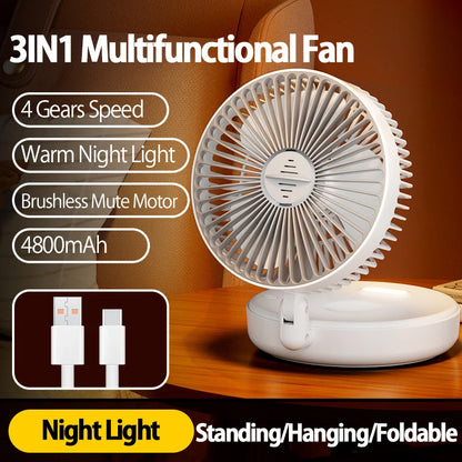 Rechargeable 3-in-1 Foldable Fan, 4-Speed, Warm Nightlight, Wall/Desk Mount, 90° Fold for Home/Office