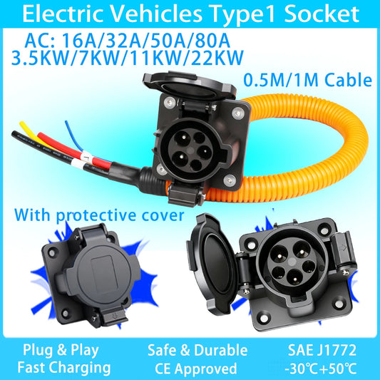 Ev Car Type1 Socket Charging Connector 16A/32A EVSE J1772 with 0.5M/1M Cable for Electric Vehicle Charger Type 1 Male Socket