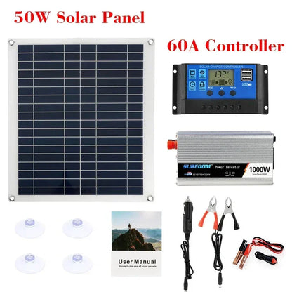 12V/24V Solar Panel System 18V 50W Solar Panel Battery Charge Controller 800W/1000W Solar Inverter Kit Complete Power Generation