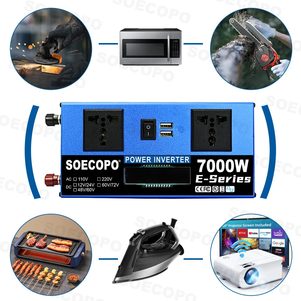 6000W-10000W Car Inverter 12V 24V to 110V 60Hz Voltage Converter Power Inverter with USB Charger for Home Solar System Generator