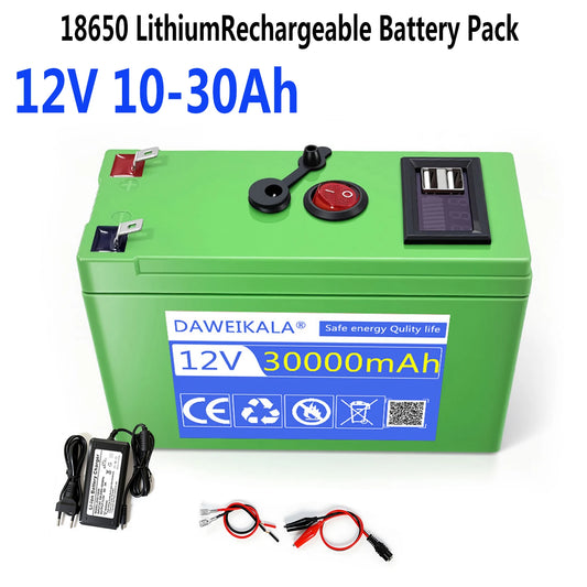 12V Rechargeable Battery Pack 10-30Ah , for LED lights, camping, and home backup power supply 18650 Lithium Battery +Charger