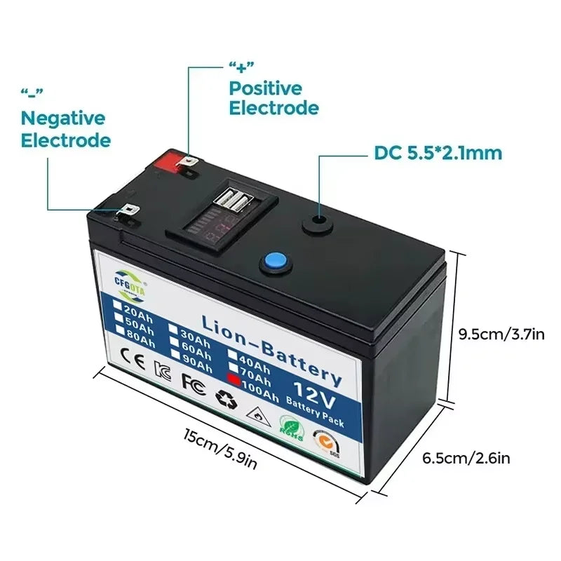 NEW 12V 100Ah 18650 lithium battery pack built-in high current 30A BMS for sprayers electric vehicle batterie+12.6V charger