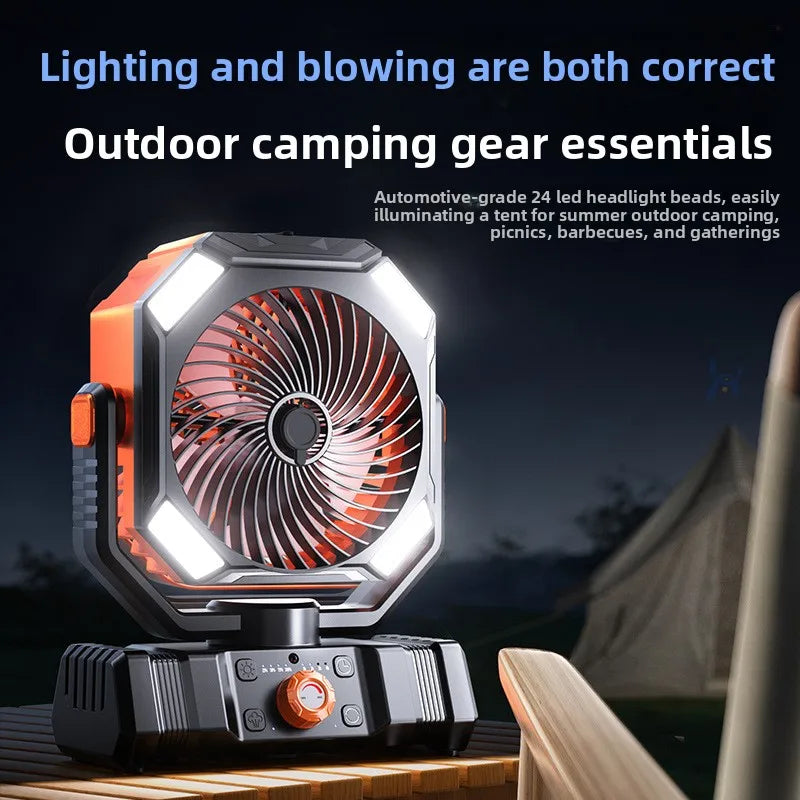 Camping Fan 60000mAh Battery Powered Fan Rechargeable with LED Light Portable Outdoor Tent Fan with Hanging Hook Desk Fans