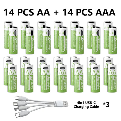 1.5V AA/AAA Li-ion Batteries 13600+6800mAh Ultra-Fast Charge 2000+ Cycles w/ free USB-C Cable for Toys, Remote Controls, Cameras