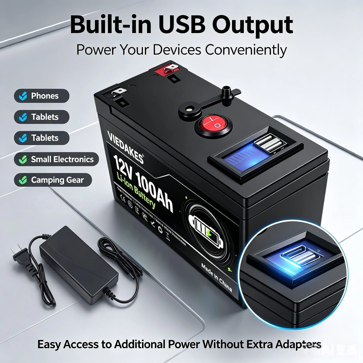 High Power 12V Lithium Battery With LED Power Display & Dual USB Port Built in BMS. For RV Driving And Camping.