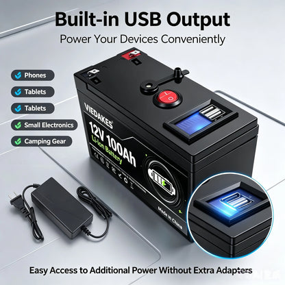 High Power 12V Lithium Battery With LED Power Display & Dual USB Port Built in BMS. For RV Driving And Camping.