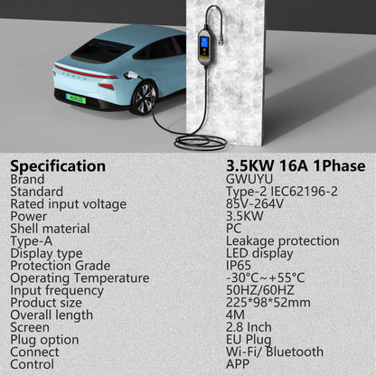 Portable EV Charger 3.5KW AC EV Charging Station Type2 J1772 GBT Portable EV Charging Pile with 2.8 Inch LCD Screen APP Control