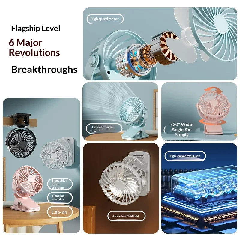 Fan USB Charging Clip Fan 720°Rotatable Portable Mini Cooler Fan Built In Night Lamp Rechargeable Personal Fan Indoor Desk Use