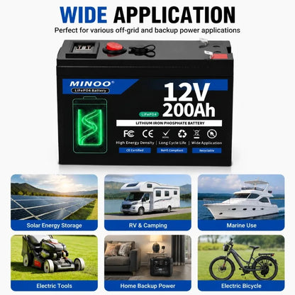 12 V 200Ah LiFePO4 Battery Lithium Iron Phosphate Rechargeable Battery With BMS 6000+ Cycles For Solar RV Marine Energy Storage