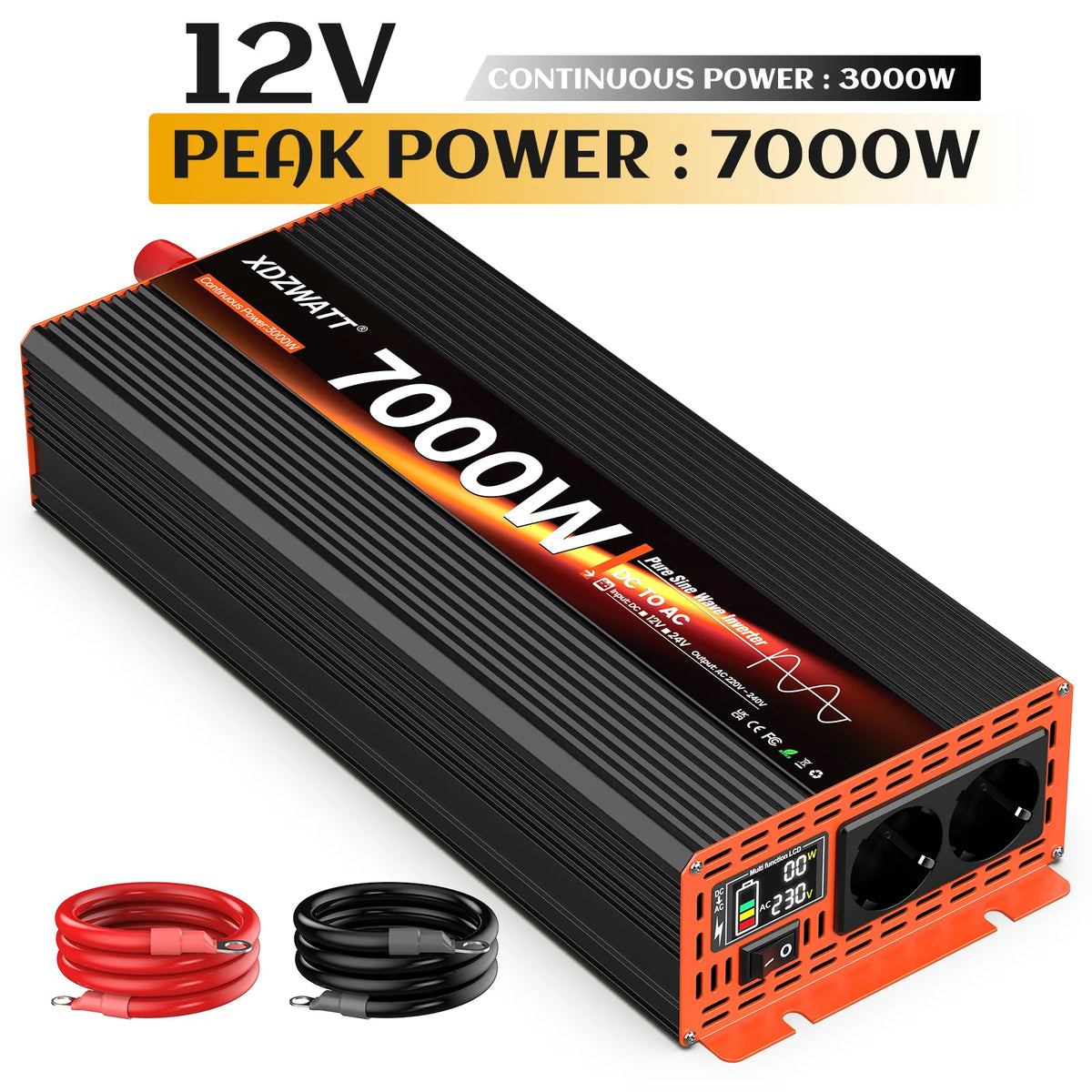 7000W Peak Power Pure Sine Wave Inverter DC 12V to AC 220V 230V EU Socket For RV Travel Household Appliances LCD Display Protect