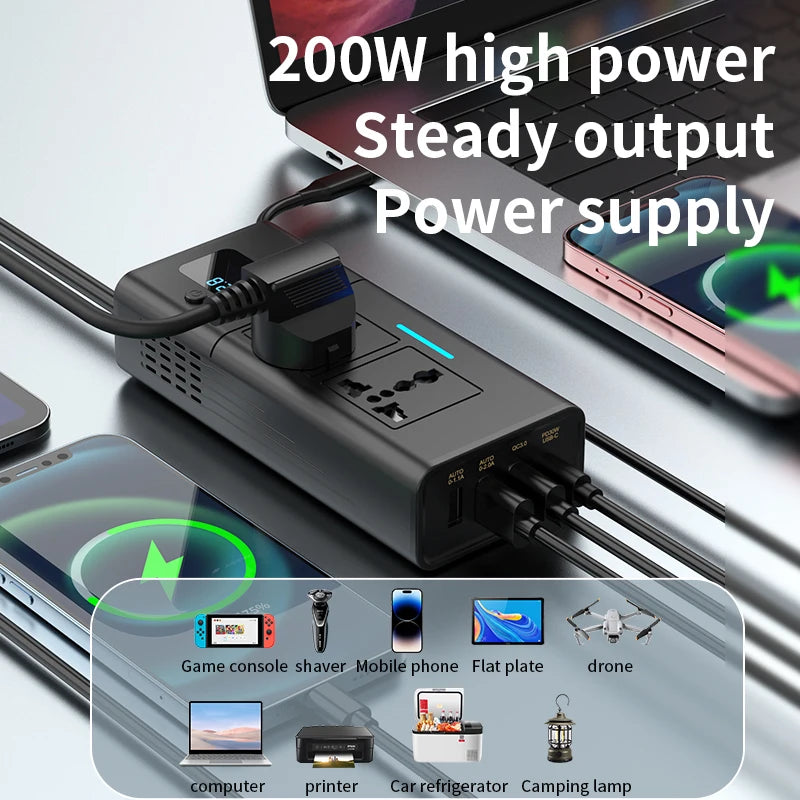 Busbyr New 220v Car Inverter 12 to 220 Voltage Power Converter 200W for 12V Vehicles 12v to 110v 200W