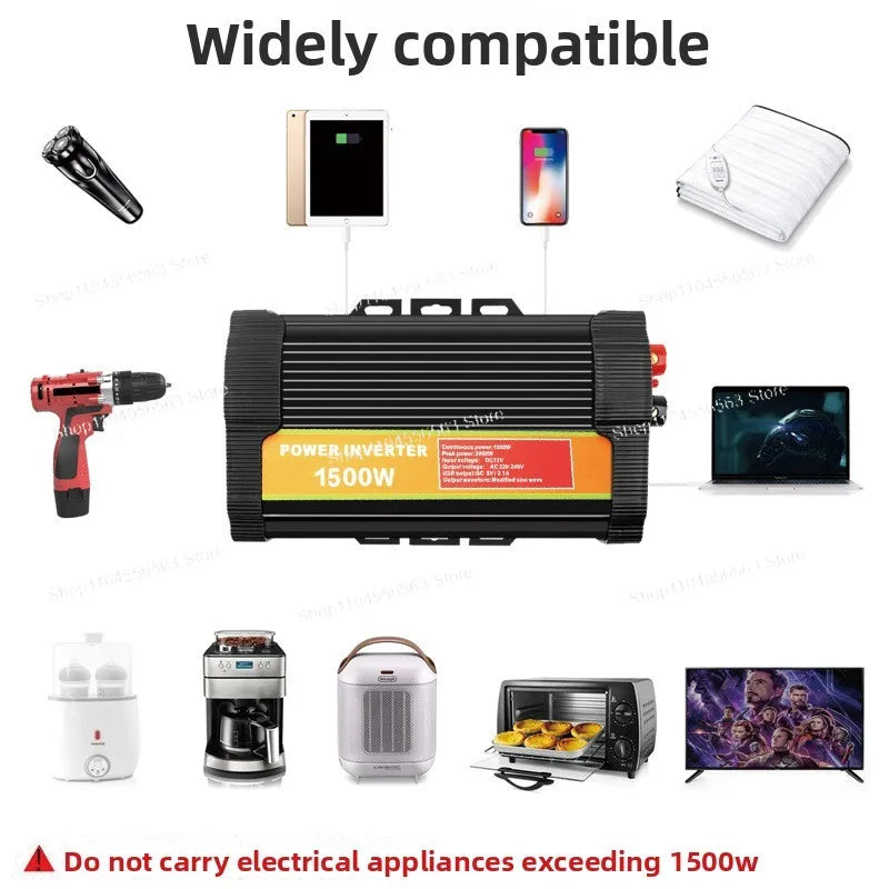 1500W Solar Power Inverter 12V to 110V – Heavy-Duty Car Inverter for RV, Truck, Camping & Off-Grid Use