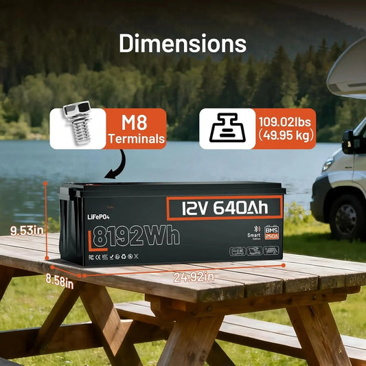 12V 640Ah LiFePO4 Battery, 8.19kWh Massive Capacity Lithium Battery with 250A BMS (3200W Output), Bluetooth & Low-Temp, Custom