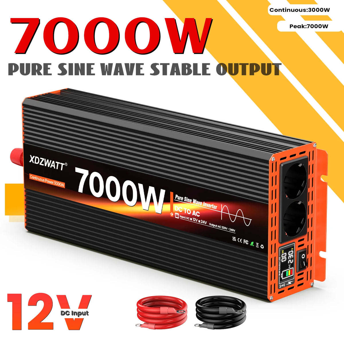 7000W Peak Power Pure Sine Wave Inverter DC 12V to AC 220V 230V EU Socket For RV Travel Household Appliances LCD Display Protect