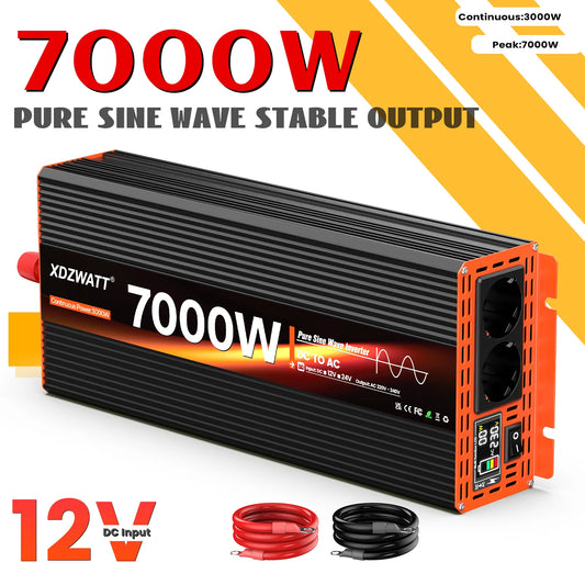 7000W Peak Power Pure Sine Wave Inverter DC 12V to AC 220V 230V EU Socket For RV Travel Household Appliances LCD Display Protect