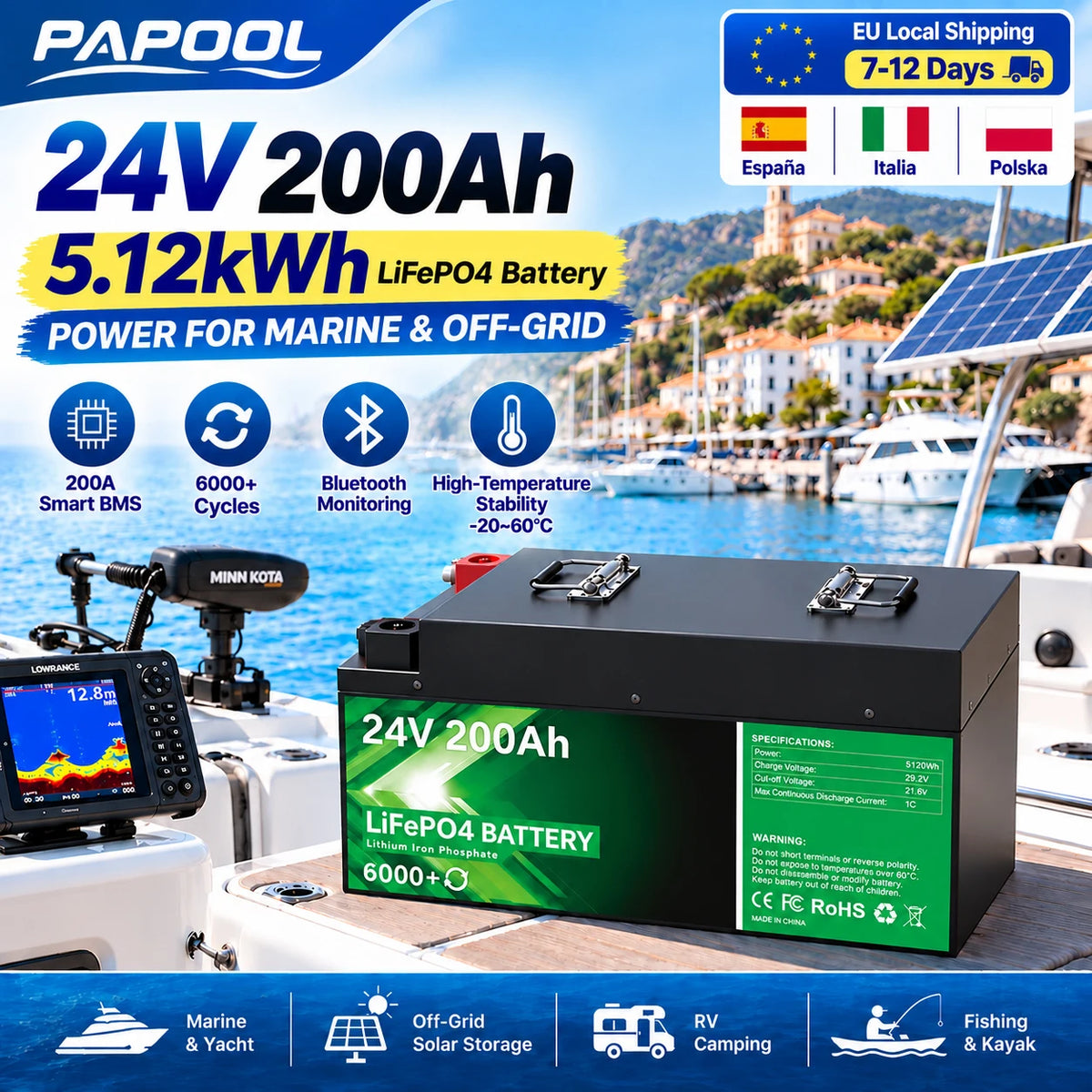 24V 200Ah LiFePO4 Battery 5.12kWh Bluetooth 8S 200A BMS 6000 Cycles 100Ah 300Ah 12V Lithium Battery for Marine RV Solar Off-Grid