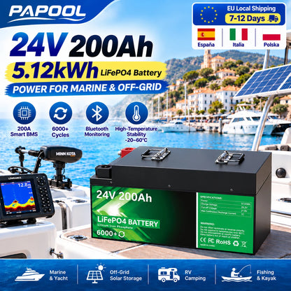 24V 200Ah LiFePO4 Battery 5.12kWh Bluetooth 8S 200A BMS 6000 Cycles 100Ah 300Ah 12V Lithium Battery for Marine RV Solar Off-Grid