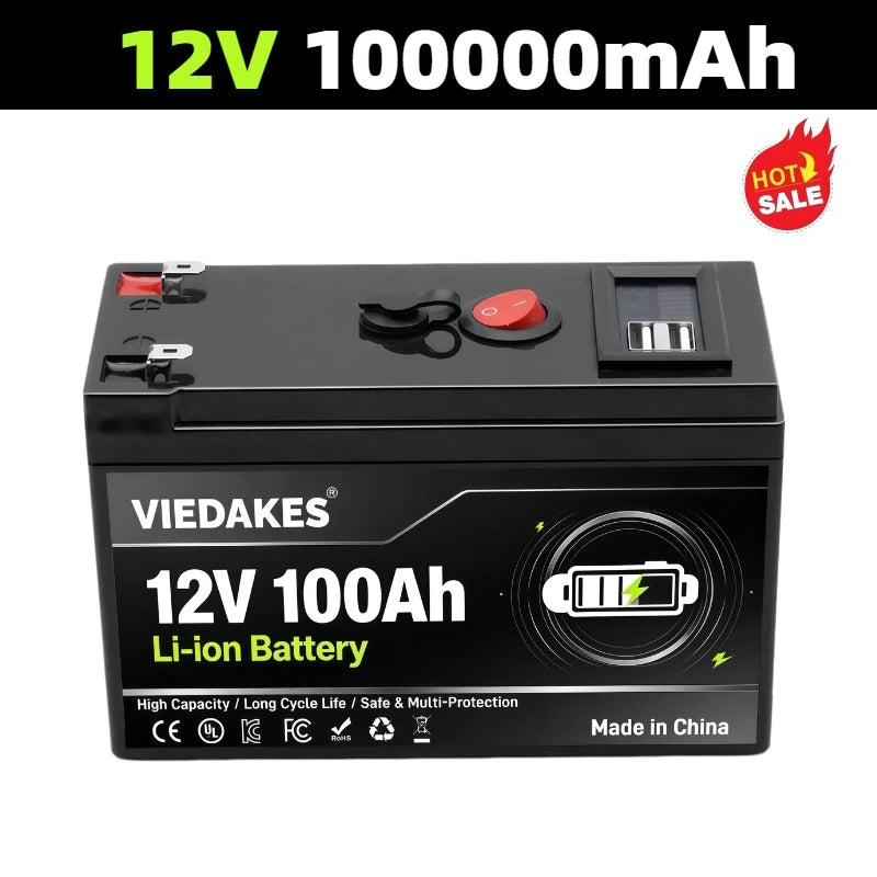 High Power 12V Lithium Battery With LED Power Display & Dual USB Port Built in BMS. For RV Driving And Camping.
