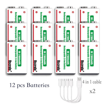 Long-Lasting 9V Lithium ion Rechargeable Battery 21800mWh High Capacity for Guitar Microphone Smoke Detector Pedal with Cable