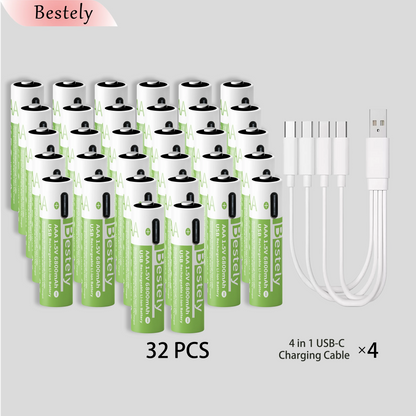 High Capacity 6800mAh 1.5v AAA Rechargeable Lithium Battery , USB-C 1.5V AAA Li-ion Battery 2000 times cycle with cable for free