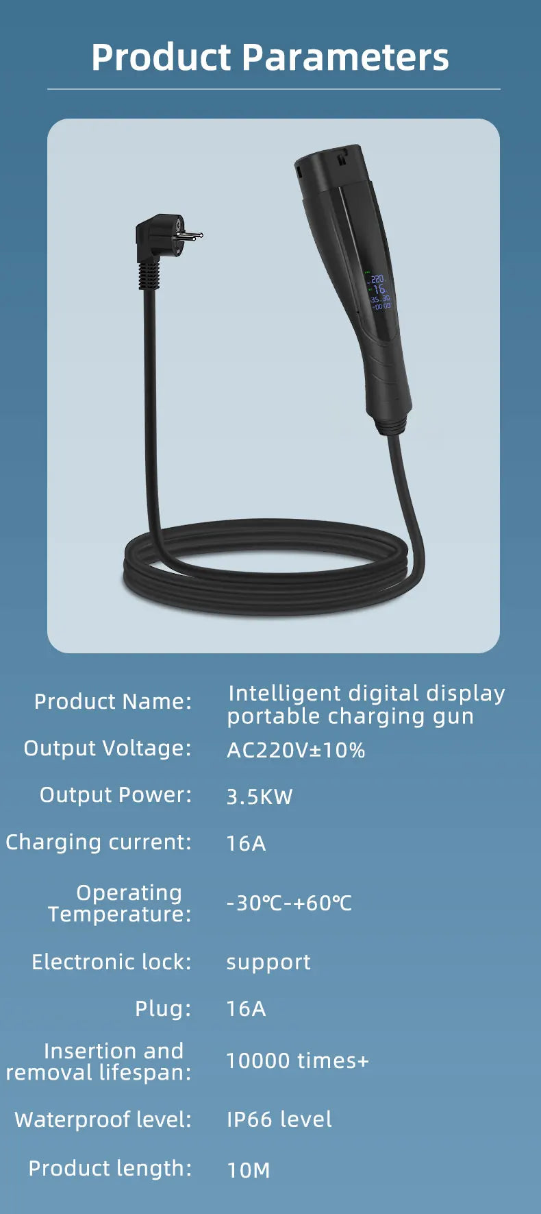 Portable EV Charger Type 2 with EU plug 16A 3.5KW Electric Vehicle Charging Station Wallbox 5M-20M Cable With Digital Display