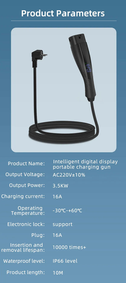 Portable EV Charger Type 2 with EU plug 16A 3.5KW Electric Vehicle Charging Station Wallbox 5M-20M Cable With Digital Display