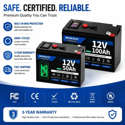 12V Lithium Battery 200Ah LiFePO4 6000+ Deep Cycles Built-in BMS,5-Year Lifetime,for UPS, Kayak Fish Finder, Solar Panel,Radio